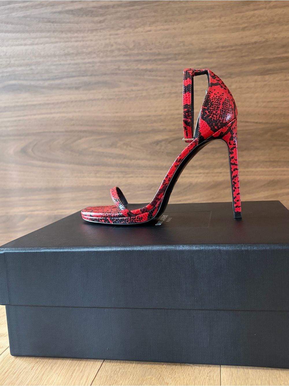 Saint Laurent Red Snake-Print Stiletto Sandals with Ankle Strap - Picture 2 of 3